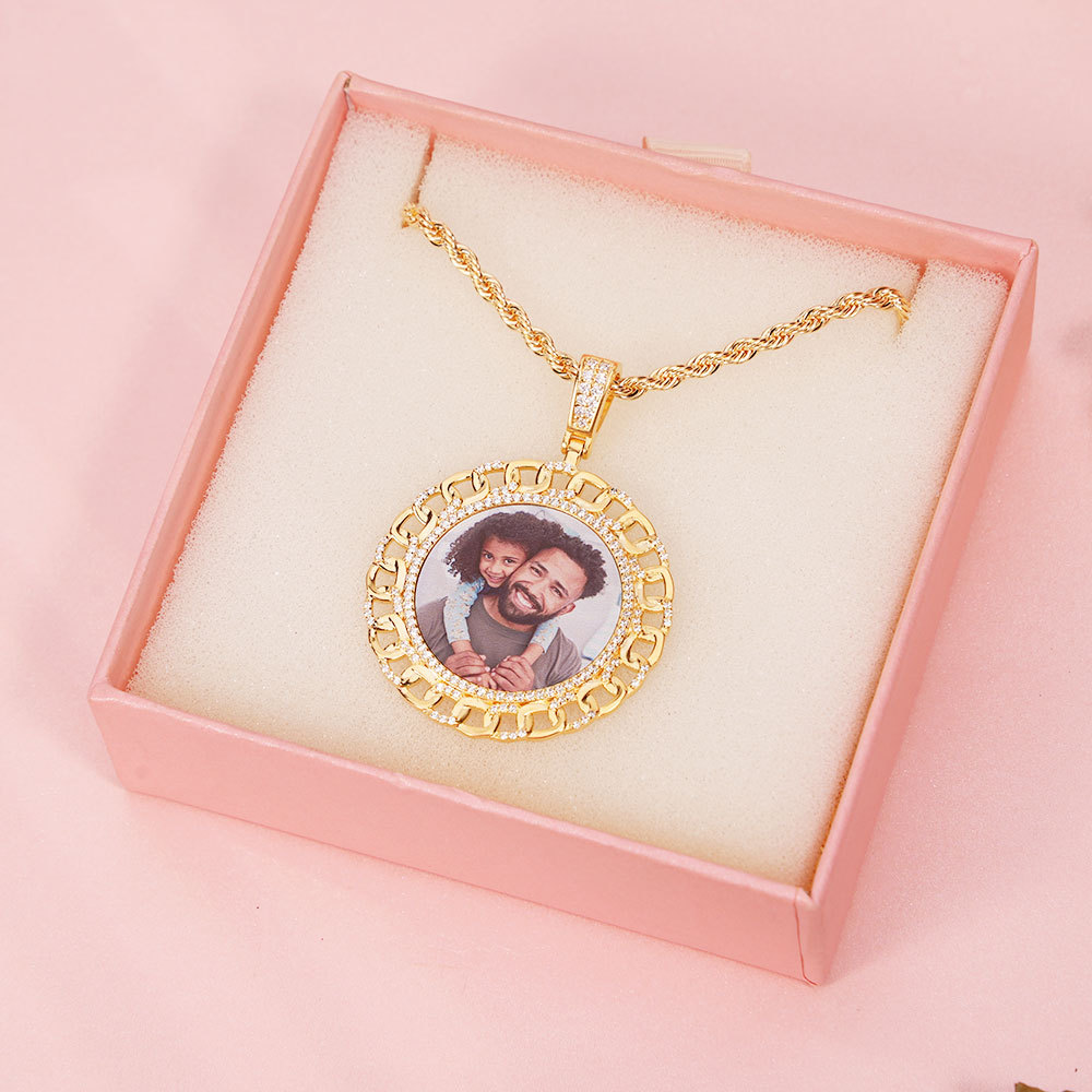 Iced Out Cubic Zircon Personalized Custom Photo Round Necklace-silviax