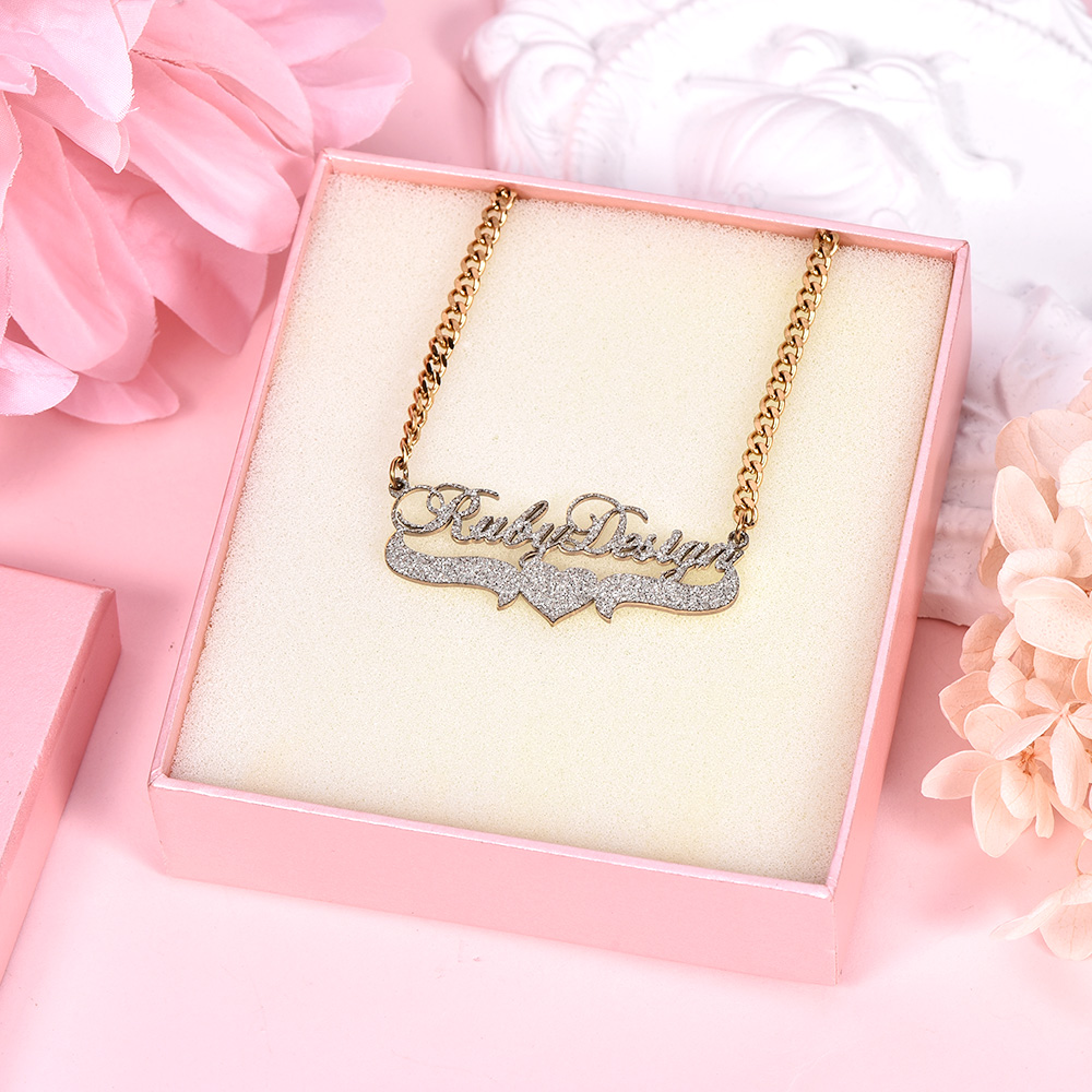 Two Tone with Heart Gold Plated Personalized Custom Bling Name Necklace-silviax