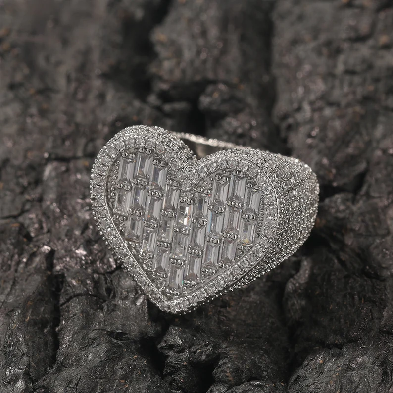 Love Heart Iced Out Diamond Baguette Heart Ring Gold Plated Cubic Zircon Ring Hip Hop Style-silviax