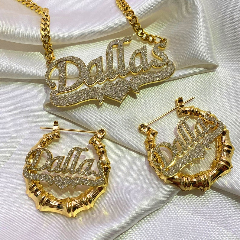 name plate necklace and earrings