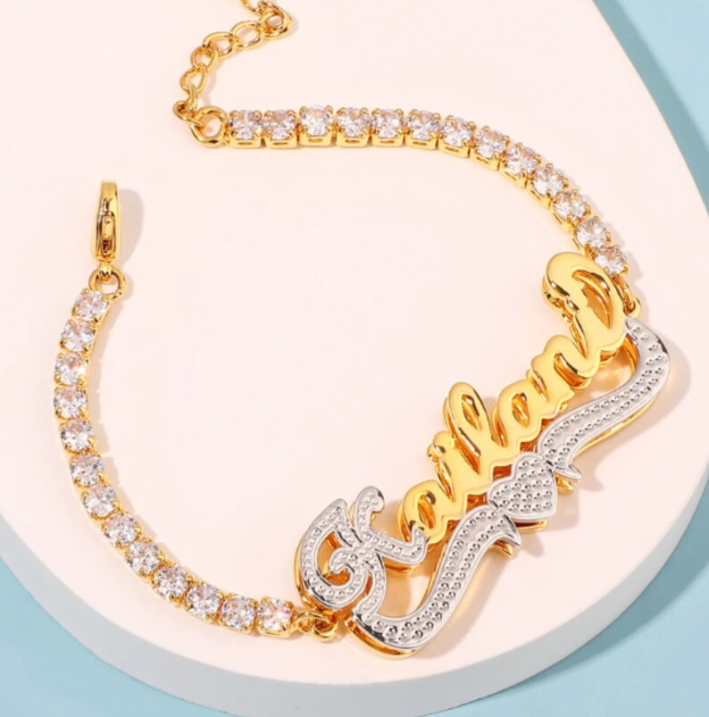 Tennis Chain Two Tone Double Layer Personalized Heart Name Bracelet-silviax