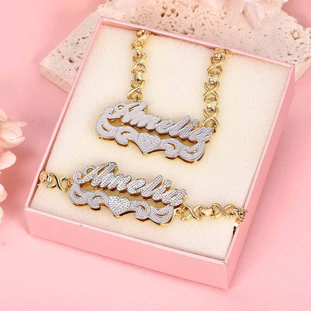 Double Layer Two-tone with Love Heart Custom Name Necklace and Bracelet Set-silviax