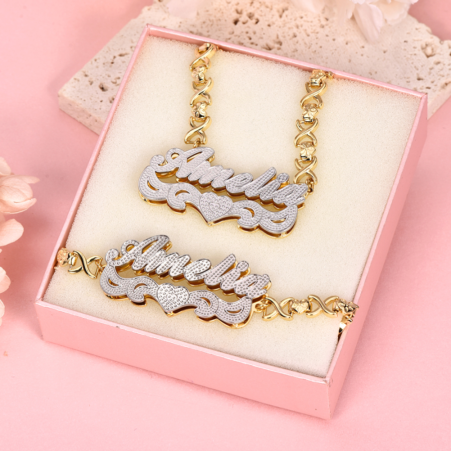 Personalized Double Plated XOXO Heart Name Necklace and Bracelet Set