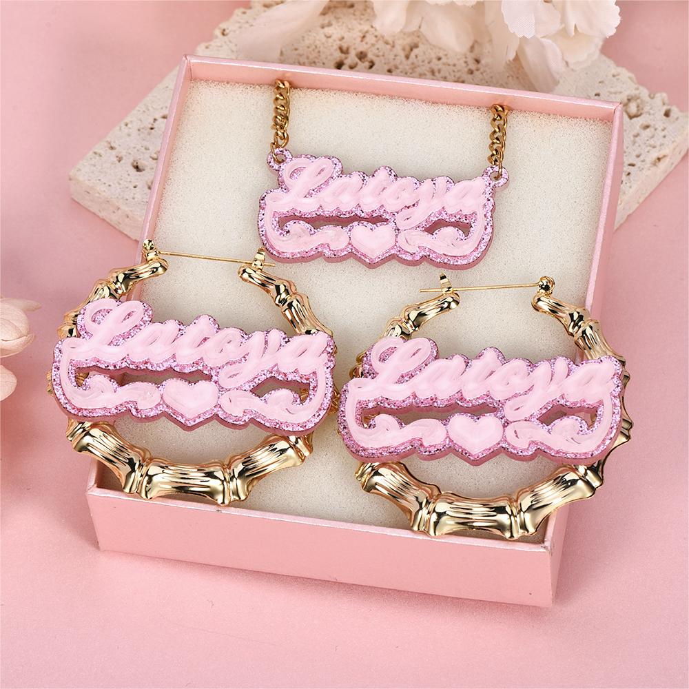 Personalized Pink Acrylic Heart Name Necklace Bamboo Hoop Earrings Set