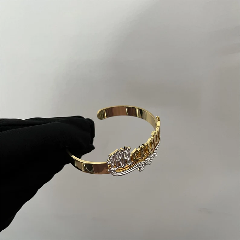 Old English Two Tone Nameplate with Crown Cuff Bangle Personalized Custom Gold Plated Name Bracelet-silviax
