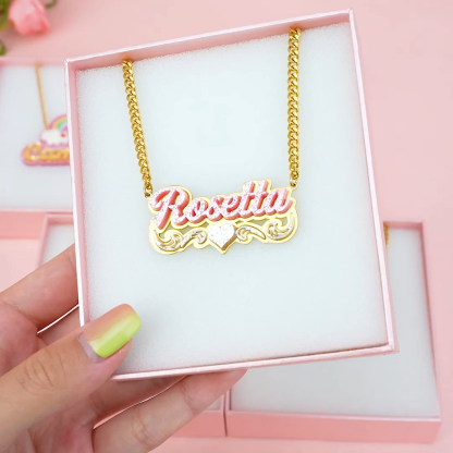 Personalized Pink Acrylic Nameplate Necklace with Heart Custom Name Necklace