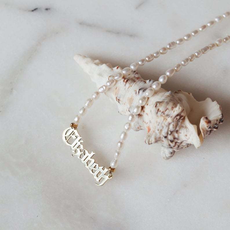 Old English Font with Pearl Chain Personalized Custom Gold Plated Name Necklace-silviax