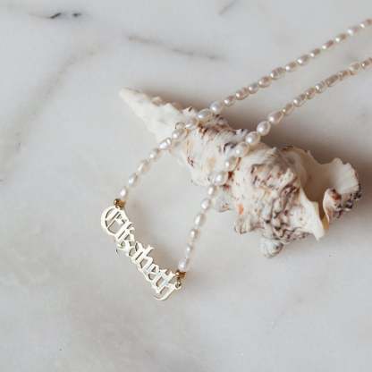 Old English Font with Pearl Chain Personalized Custom Gold Plated Name Necklace-silviax