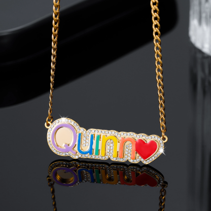 Personalized Gold Plated Multicolor Acrylic Name Necklace with Heart-silviax