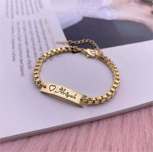 Personalized Custom Gold Plated Engraved Name Bar Bracelet with Heart
