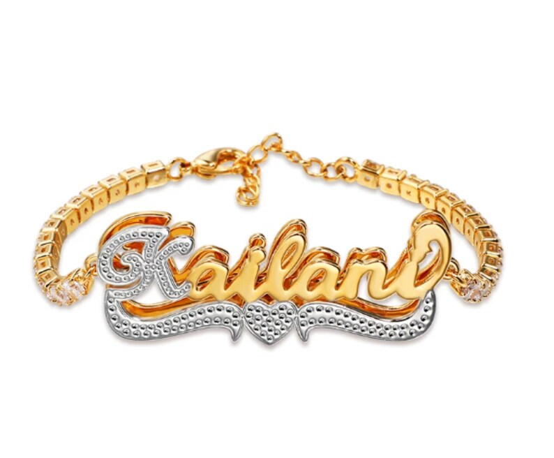 Tennis Chain Two Tone Double Layer Personalized Heart Name Bracelet-silviax