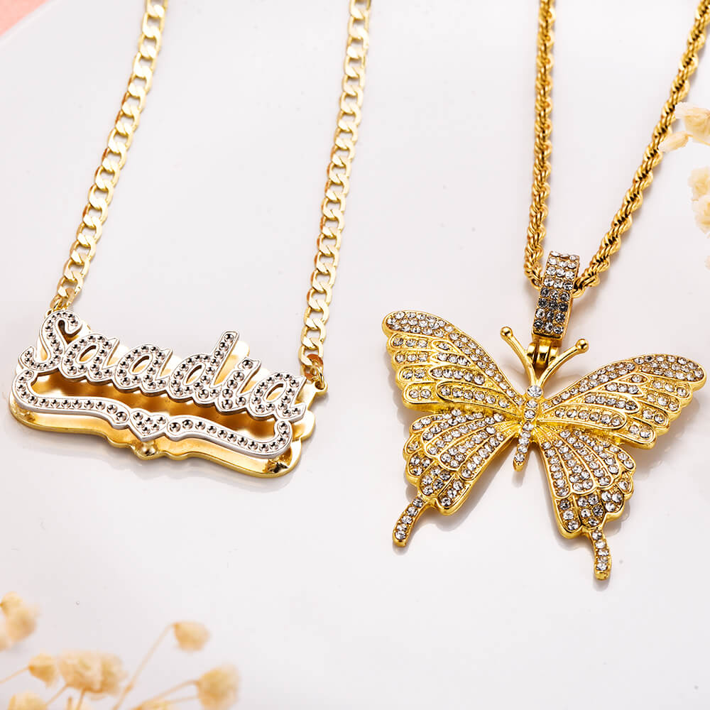 Butterfly Pendant Necklace and Double Plate Two Tone Personalized Custom Name Necklace Set-silviax