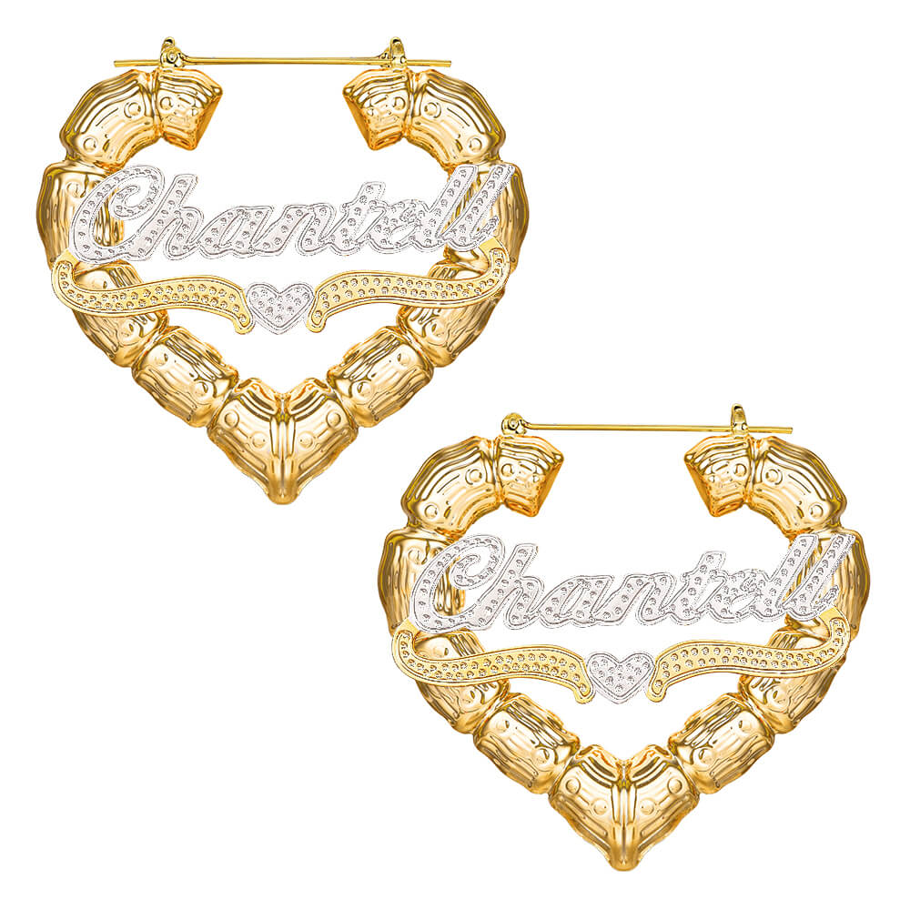 Two Tone Heart Personalized Custom Heart Shaped Bamboo Hoop Gold Plated Name Earrings-silviax