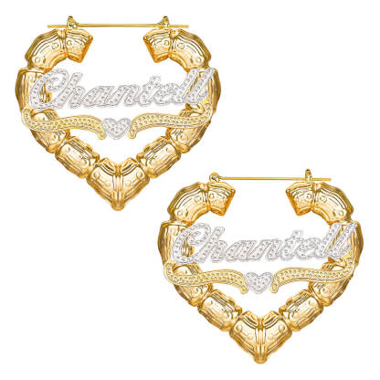 Two Tone Heart Personalized Custom Heart Shaped Bamboo Hoop Gold Plated Name Earrings-silviax