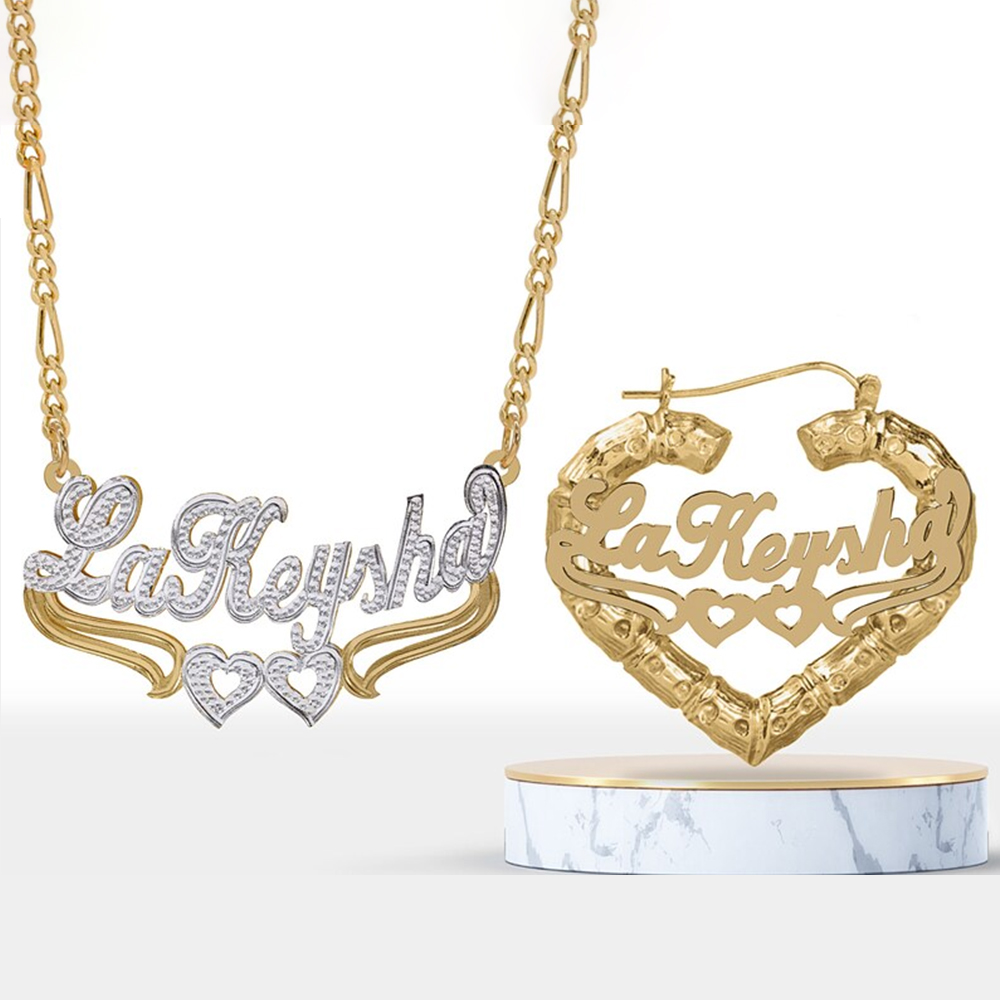 Two Tone Double Heart Personalized Name Necklace Heart Shaped Bamboo Earrings Set-silviax