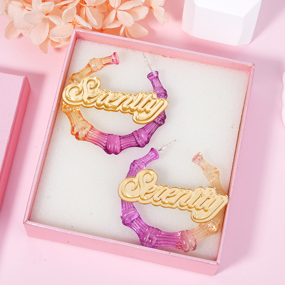 30mm Two Color Bamboo Earrings Personalized Custom Acrylic Gradient Name Earrings -silviax