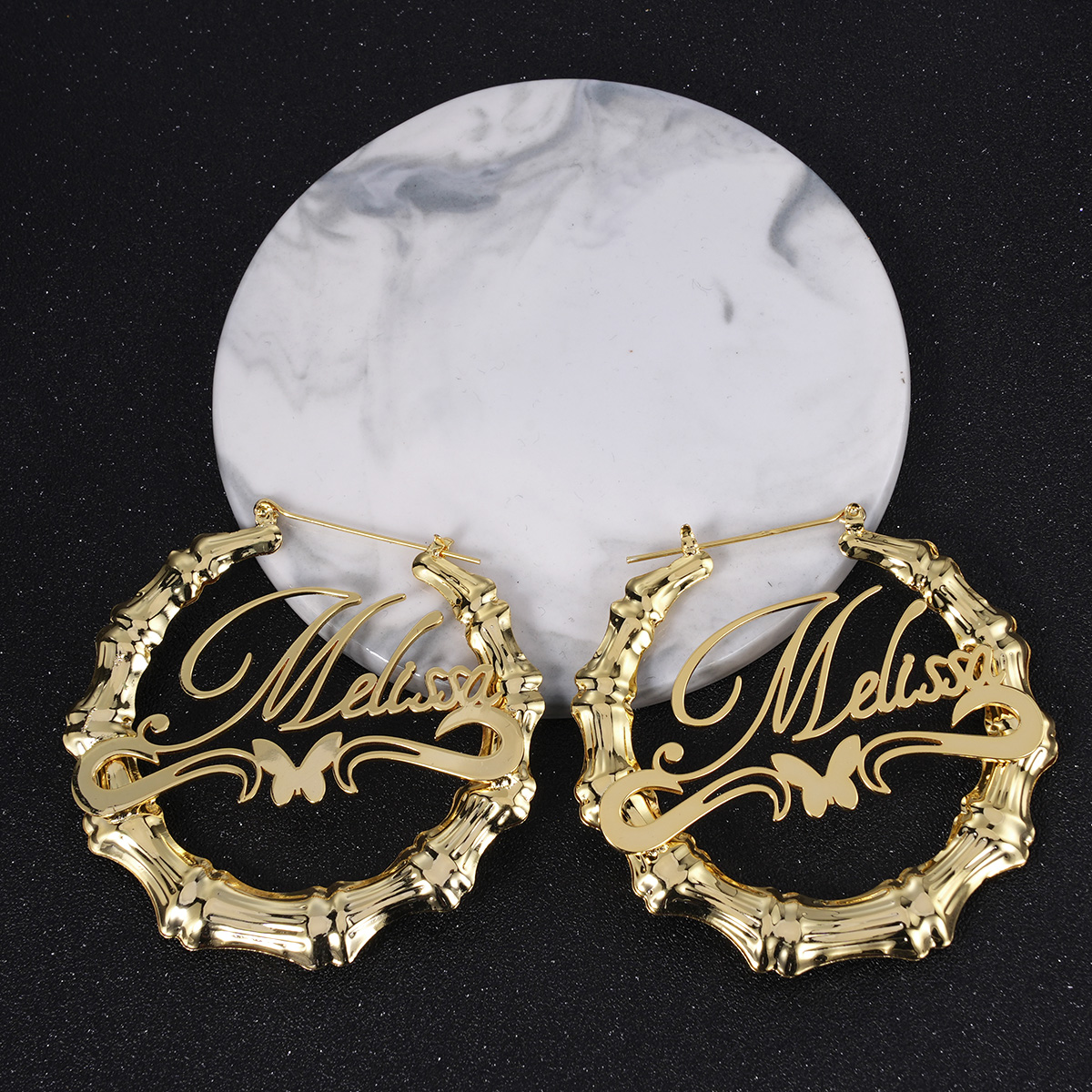 Personalized Custom Gold Plated Underline Butterfly Nameplate Bamboo Earrings-silviax