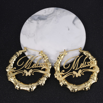 Personalized Custom Gold Plated Underline Butterfly Nameplate Bamboo Earrings-silviax