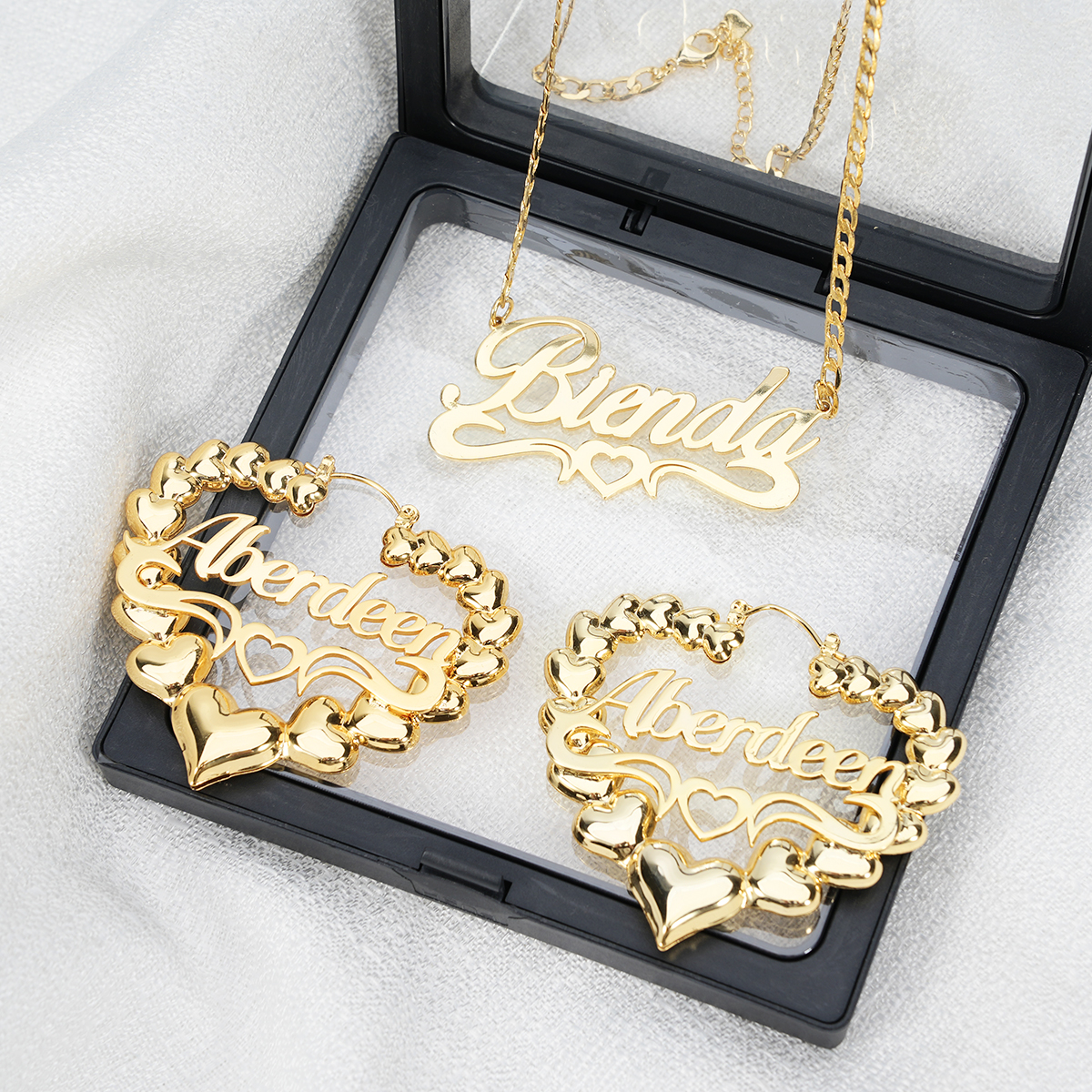 Personalized Hollow Heart Name Necklace And Bambom Earrings Jewelry Set 2pcs