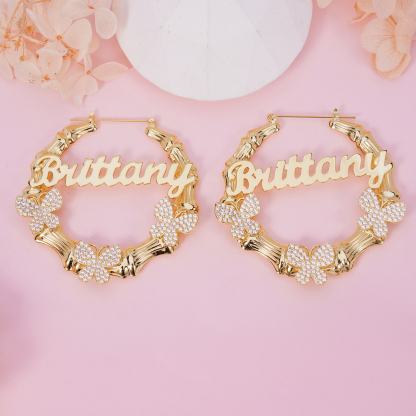Butterfly Personalized Custom Gold Plated Name Bamboo Earrings