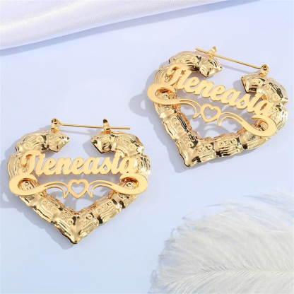 Heart Shaped Hollow Heart Nameplate Personalized Custom Bamboo Name Earrings-silviax