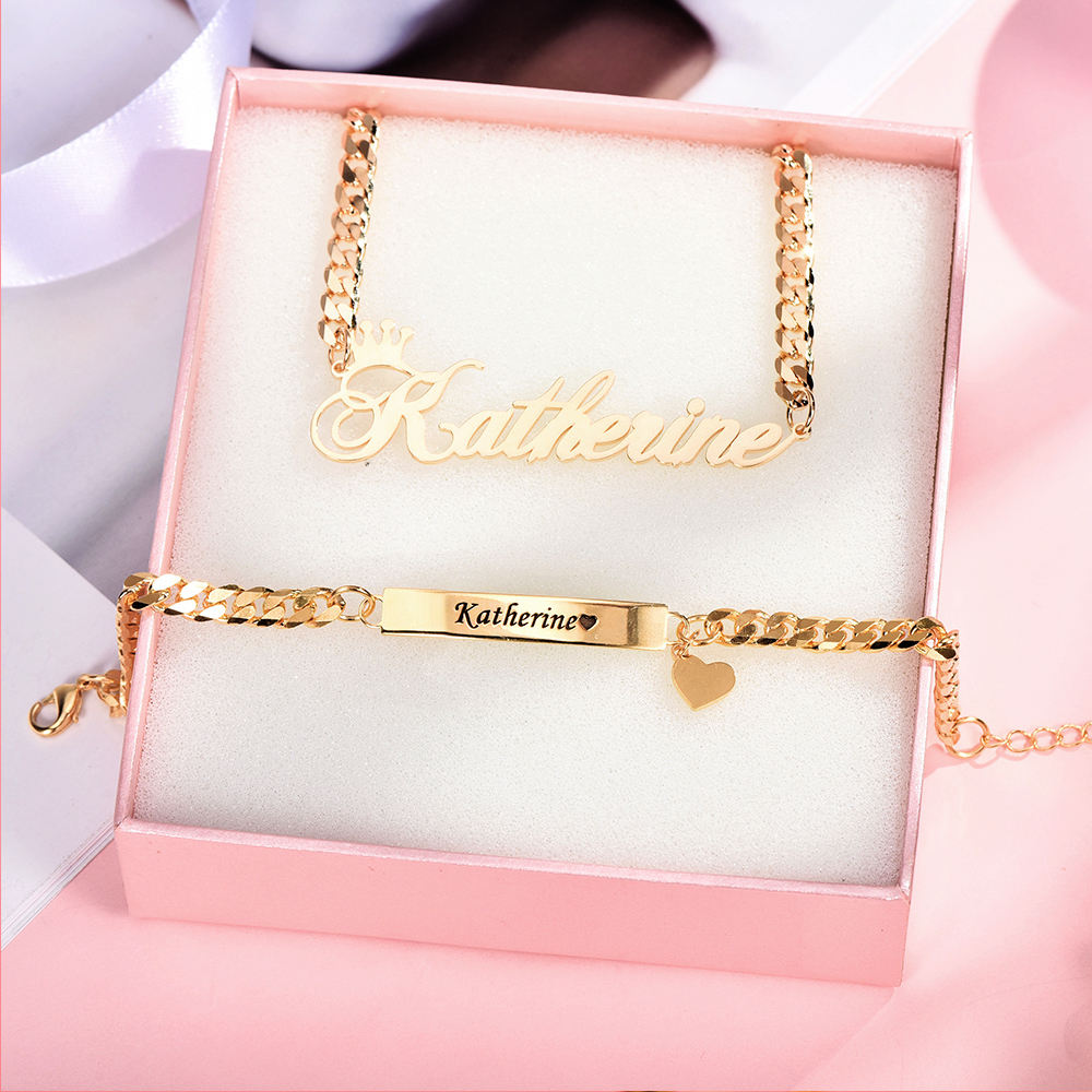 Personalized Crown and Heart Name Necklace and Bar Bracelets for Babies Kids Set-silviax