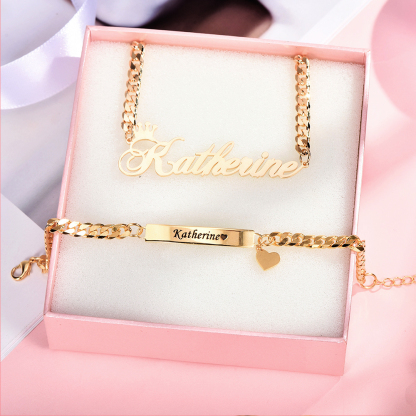 Personalized Crown and Heart Name Necklace and Bar Bracelets for Babies Kids Set-silviax