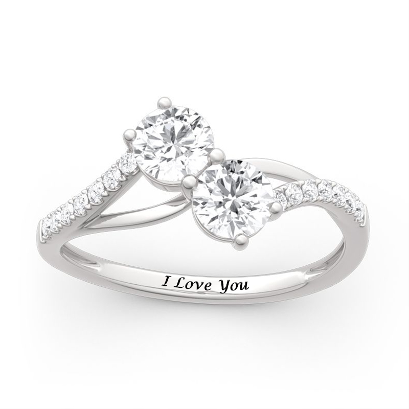 Moissanite Two Stone Round Cut Personalized Engraved Engagement Ring