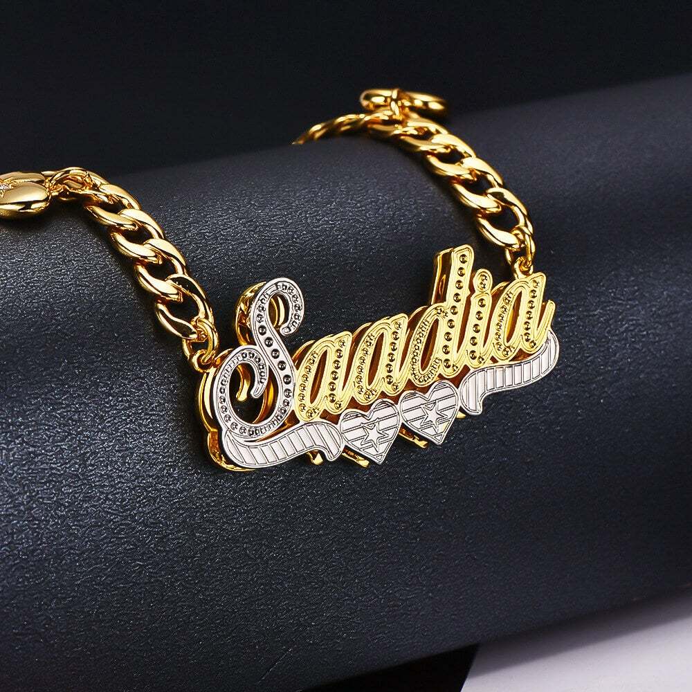 Double Layer Two Tone Two Hearts Nameplate Cuban Chain With Heart Personalized Custom Gold Plated Name Necklace And Bracelet Set-silviax