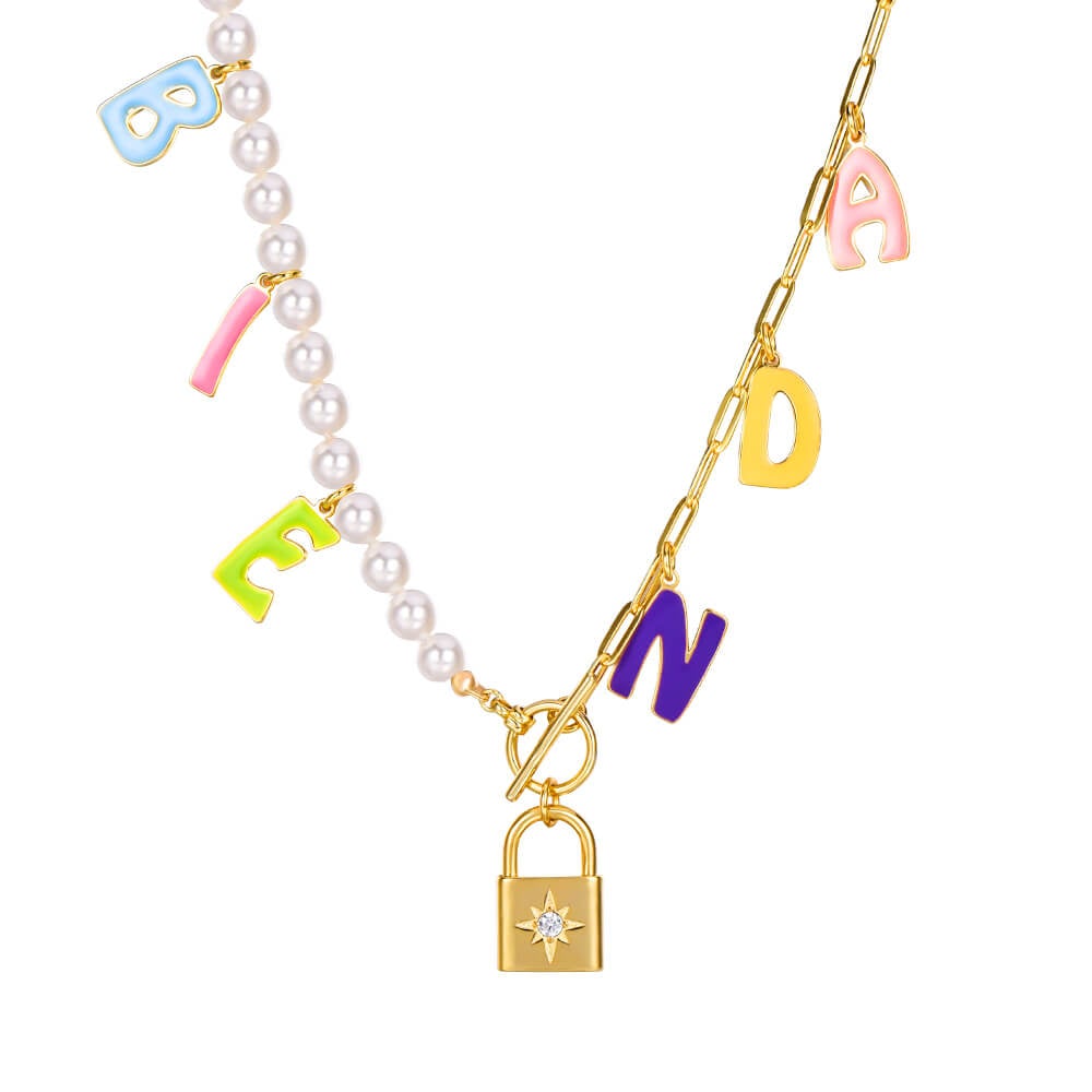 Color Enamel Capital Letter And Lock Pendant With Pearl Chain And Lattice Chain Personalized Custom Gold Plated Name Necklace-silviax