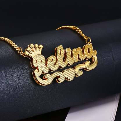 Crown Double Layer Name Necklace And Initial Necklace Personalized Custom Gold Plated Set-silviax
