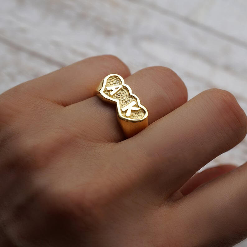 Two Love Heart Initial Letter Ring Personalized Custom Gold Plated Jewelry Gift for Wife Girlfriend-silviax