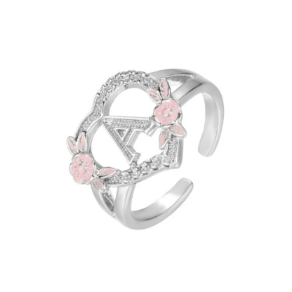 Heart Shaped Pink Enamel Flower Gold Plated Personalized Custom A-Z Initial Letter Ring-silviax