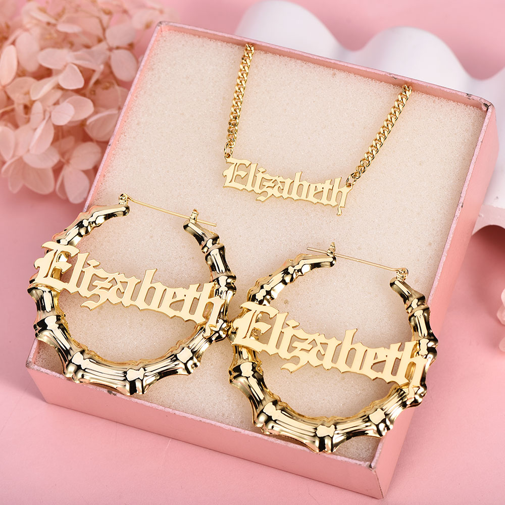 Old English Style Jewelry Set Personalized Name Necklace Bamboo Earrings Set-silviax