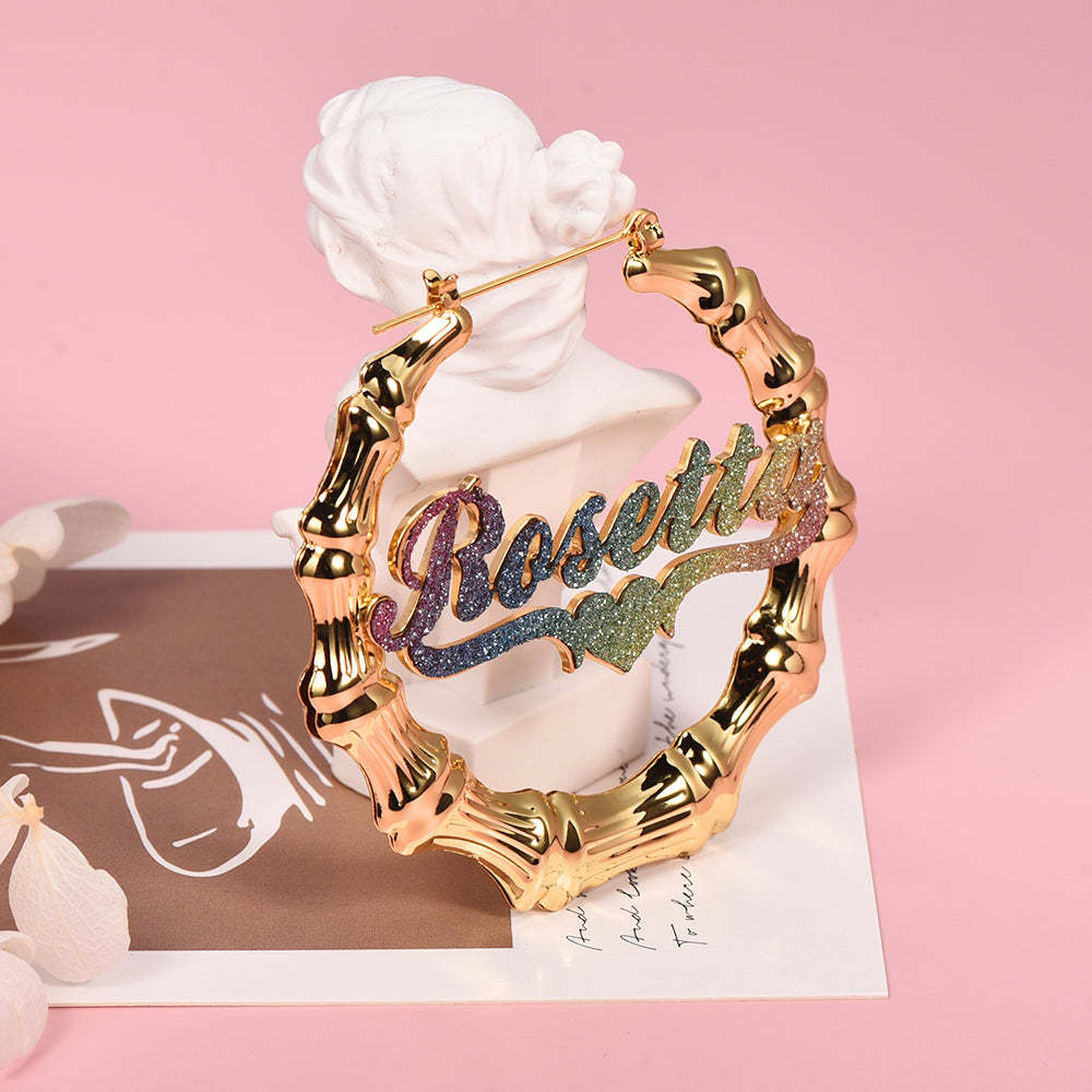 Colorful Nameplate with Heart Personalized Bamboo Name Hoop Earrings-silviax