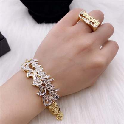 Double Layer Two Tone Nameplate with XOXO Chain Personalized Name Necklace Bracelet and Ring Set