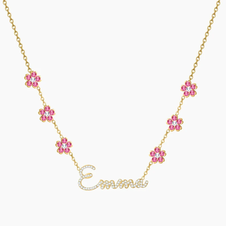 Crystal Nameplate Flower Pendant Personalized Custom White Gold Name Necklace
