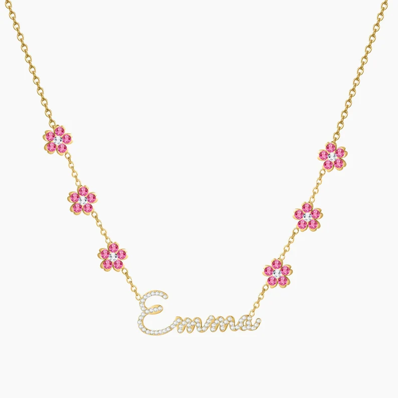 Crystal Nameplate Flower Pendant Personalized Custom White Gold Name Necklace-silviax