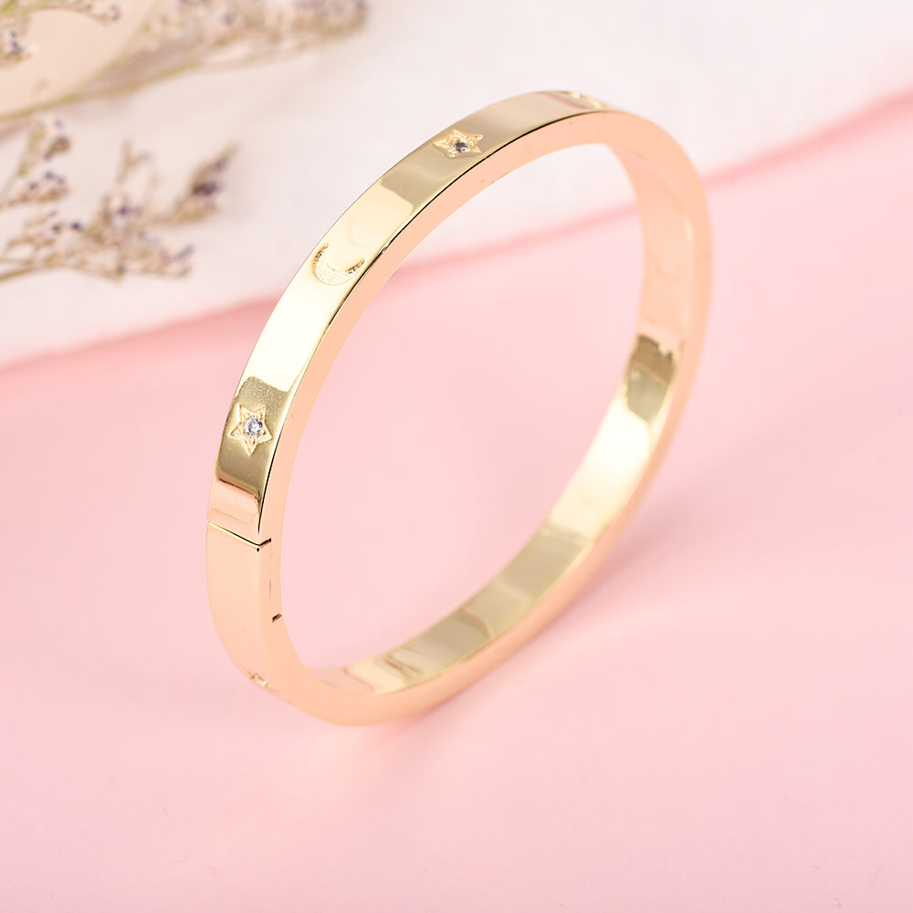 Moon And Inlaid Zircon Star Pattern Gold Plated Personalized Custom Engraved Bangle Bracelet-silviax