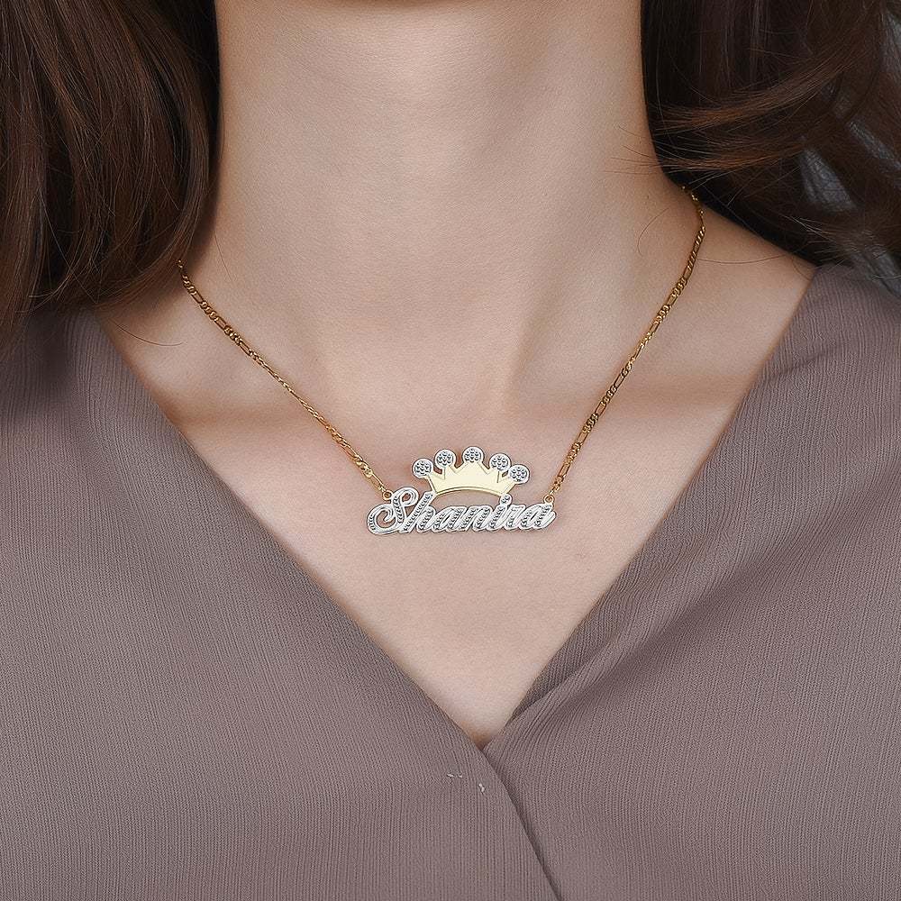 Two Tone Crown Personalized Custom Name Necklace Gold Plated-silviax