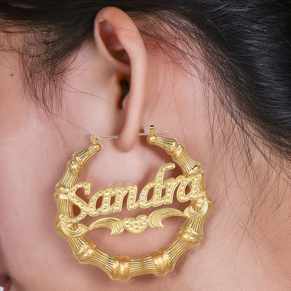 Bamboo Hoop Nameplate Love Heart Personalized Custom Bamboo Earrings Gold Plated Jewelry Gift for her-silviax