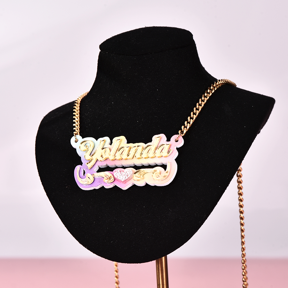 Personalized Custom Double Plate Colorful Acrylic Nameplate with Heart Gold Plated Name Necklace-silviax