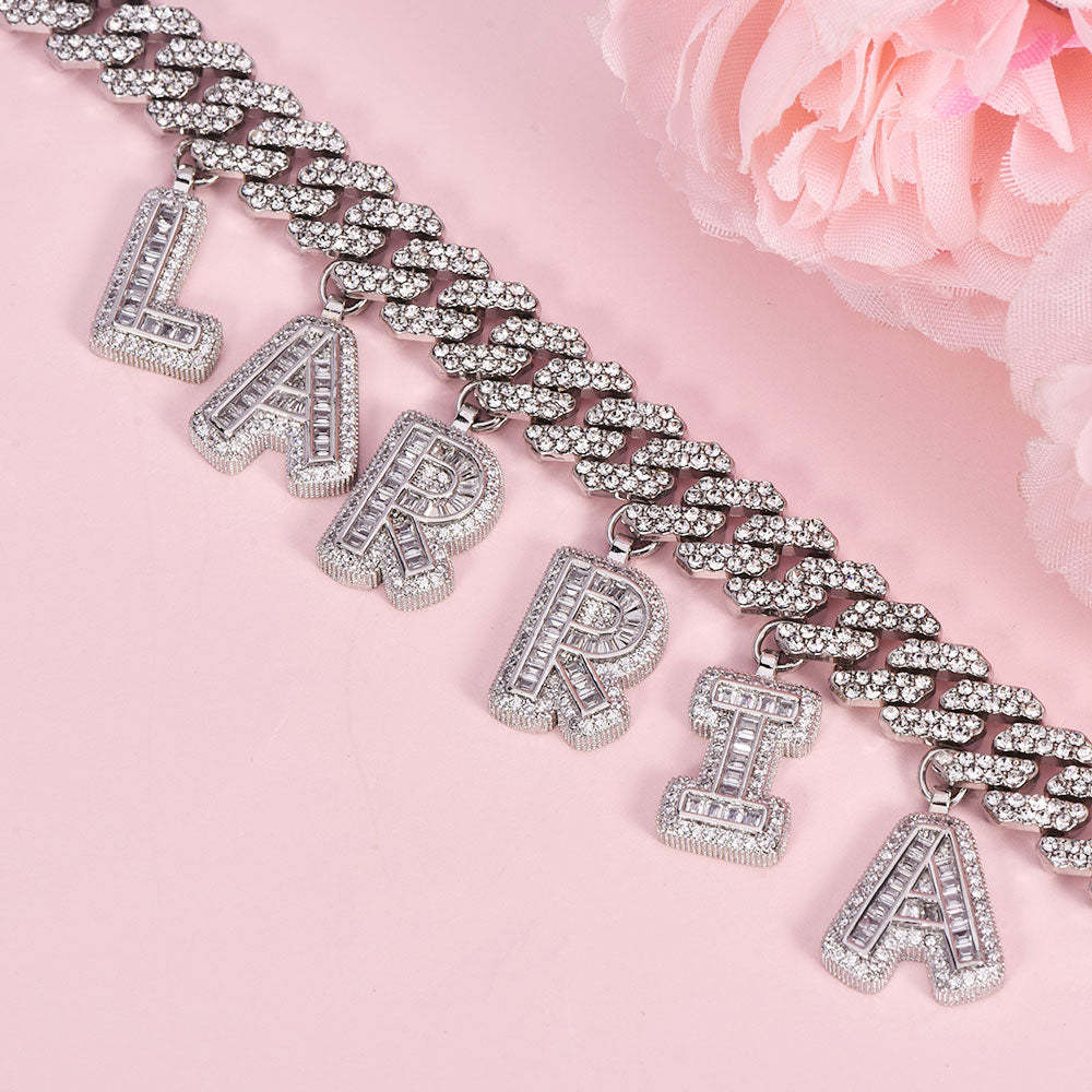 Hip Hop Cubic Zirconia Capital Letter Choker Cuban Chain Necklace-silviax