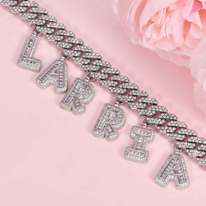 Hip Hop Cubic Zirconia Capital Letter Choker Cuban Chain Necklace-silviax