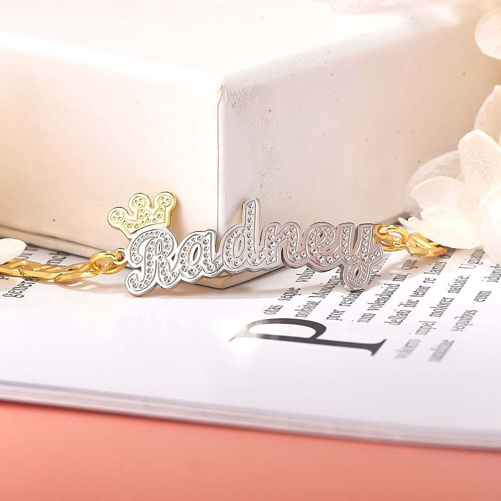 Crown Double Layer Name Necklace And Two Tone Name Bracelet Personalized Custom Gold Plated Set-silviax