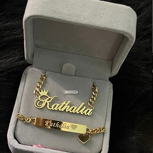 Personalized Crown and Heart Name Necklace and Bar Bracelets for Babies Kids Set-silviax