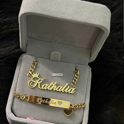 Personalized Crown and Heart Name Necklace and Bar Bracelets for Babies Kids Set-silviax