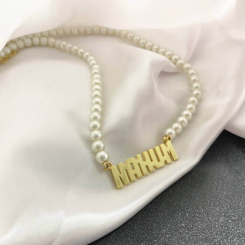 Capital Letter Nameplate Pendant With Pearl Chain Personalized Custom Gold Plated Name Necklace-silviax