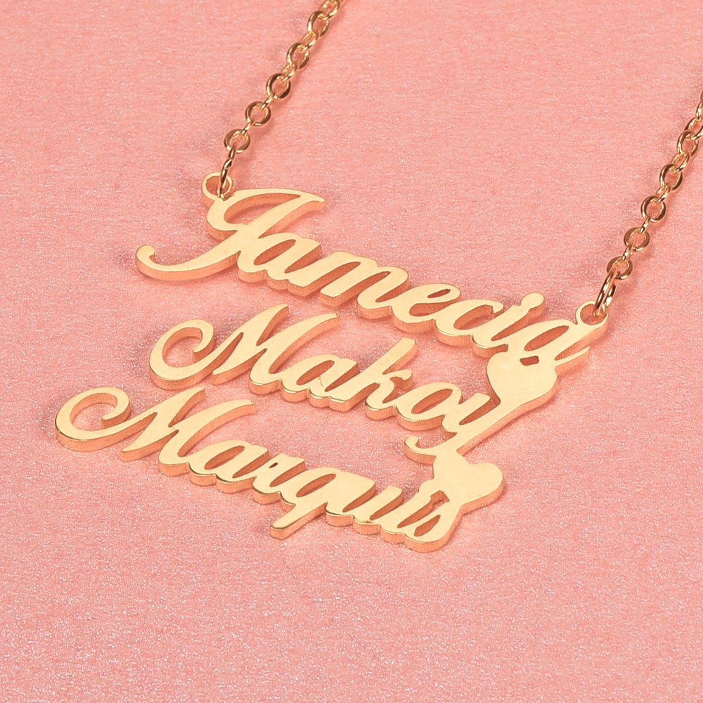 Gold Plated Personalized Three Names Necklace with Two Hearts-silviax