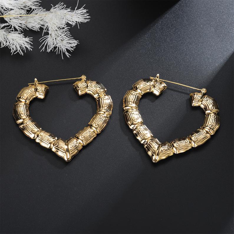 Gold Plated Chunky Bamboo Heart Hoop Earrings-silviax
